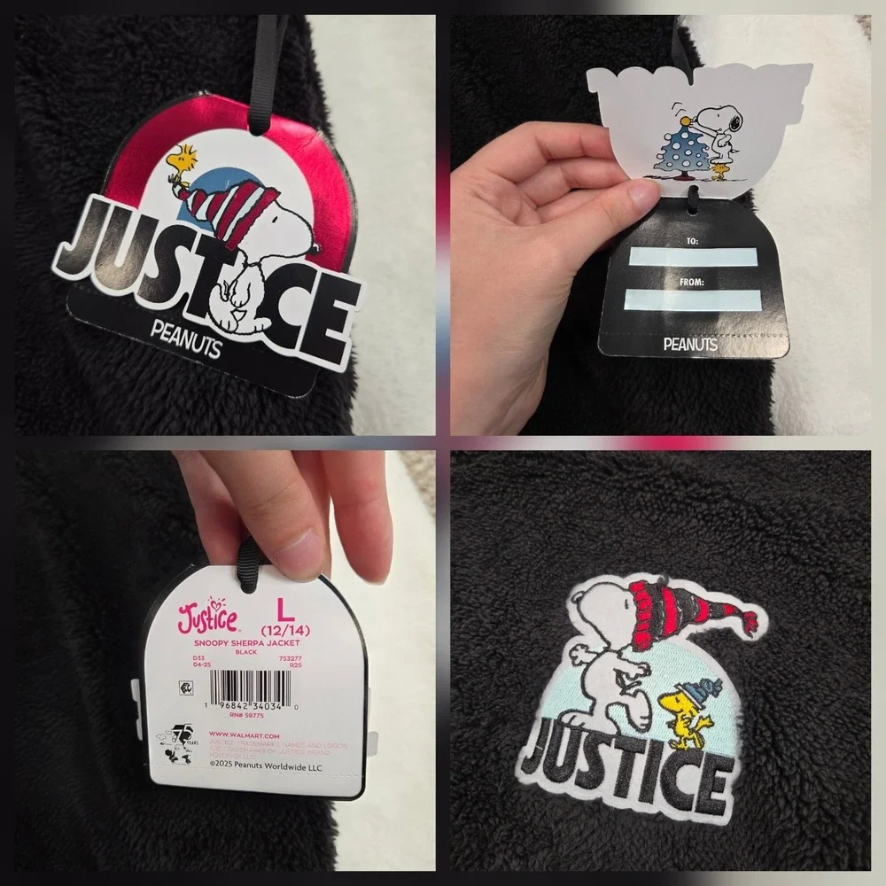 NEW Justice x Snoopy Girls Sherpa Jacket Black Full Zip Faux Fur (L 12/14)
